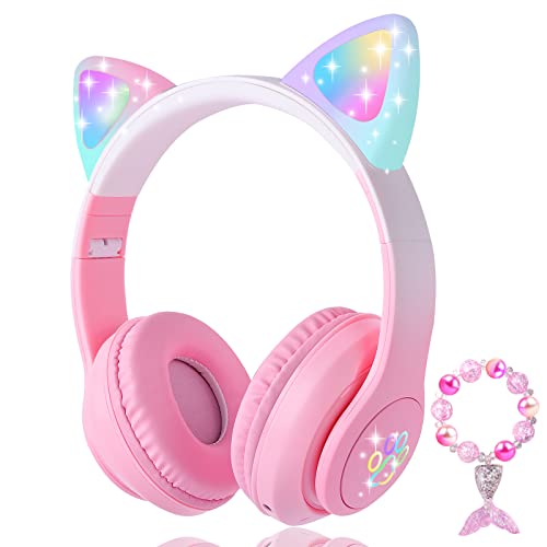 Cat Ear Kids Headphones Bluetooth, LED Light up Wireless/Wired Mode Over Ear Headphones with Build in Microphone for School/Travel (Pink) - color: Pink