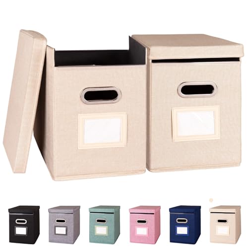 2 Pack Hanging File Folders Organizer with Lid, Letter Size Fabric File Storage Box Collapsible, Portable Office Document Holder with Metal Handle, Smooth PVC Rails, Beige - color: Beige, size: 2 Pack
