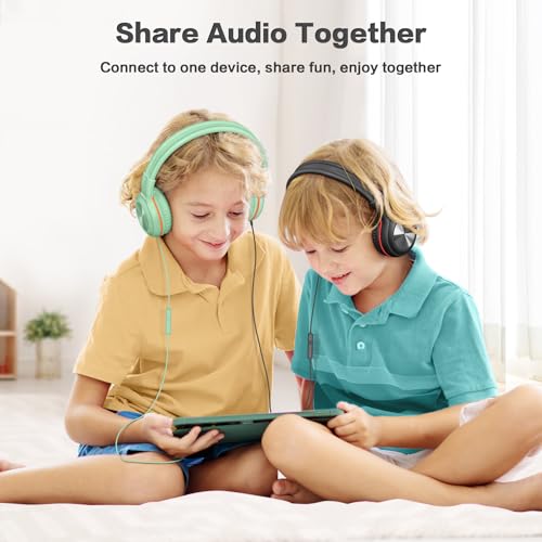 SIMOLIO Stereo Wired Headphones Teens Adults Kids Youths w/Mic & Volume Control & Volume Limited & Share Port & Portable Pouch, Safe Volume Durable Headset for Online School Gaming PC Laptop Travel