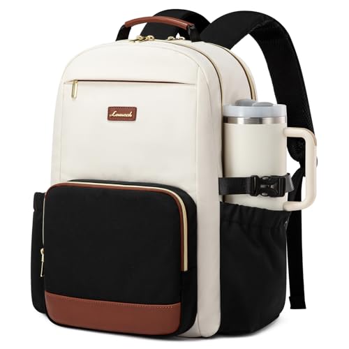 LOVEVOOK Laptop Backpack for Women with Pouch Pocket for Large Capacity Cup,15.6 Inch Laptop Computer Bag Travel Backpack Purse,Waterproof Work Business Backpack College Teacher Bags,Beige-Black-Brown - color: Beige - Black - Chestnut Brown, size: 15.6 In