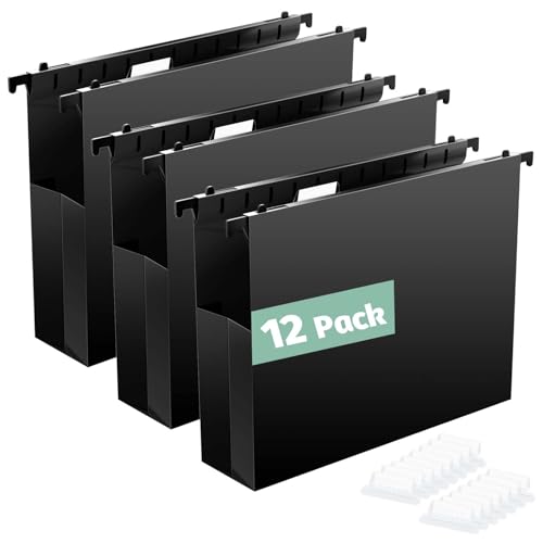 Shutex Extra Capacity Plastic Hanging File Folders,12 Pack Reinforced Hang Folders Letter Size,Accordian Pocket,Heavy Duty 2 Inch Expansion,Hard Hanging Folder Organizer for Office Home,Black - color: Black