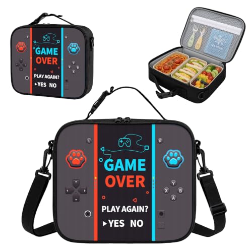 Game Console Insulated Lunch Bag lonchera for Teen Boys Girls Kids, Reusable Large Capacity Gamer Lunch Box with name tag, Adjustable Strap for School Office Picnic, Portable Waterproof Leakproof - color: Gray
