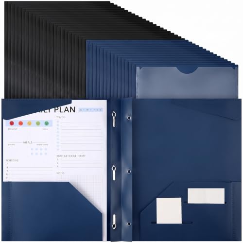 Tenceur 48 Pack Plastic Folders with 3 Prongs Bulk Heavy Duty Folders with Clear Front Pockets and Card Slots with Fasteners Fit Letter-Size Papers for Work School Office (Navy Blue,Black) - color: Navy Blue,black