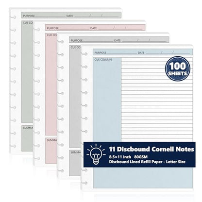 100 Sheet 11-Disc Cornell Notes Loose Leaf Paper 8.5×11 Inch for Discbound Planner Letter Size College Ruled Cornell Note Notebook 9/32" Spacing Taking System Filler Paper for School Office 80gsm - size: Letter Size-11-Disc