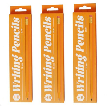 36 count #2 HB Pencils, Pre-sharpened Pencils with Eraser, 3 Pack 12pcs Number 2 Pencil for Writing, Drawing and Sketching, Ideal Back to School Supplies, Office Essentials, Yellow