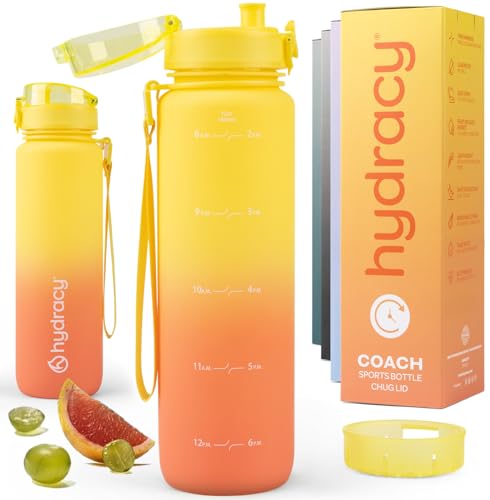Hydracy Water Bottle with Time Marker -Large 32oz BPA Free Gradient Water Bottle - Leak Proof Gym Bottle with Fruit Infuser Strainer & Times to Drink -Ideal for Fitness Sports & Outdoors - color: Yellow Coral
