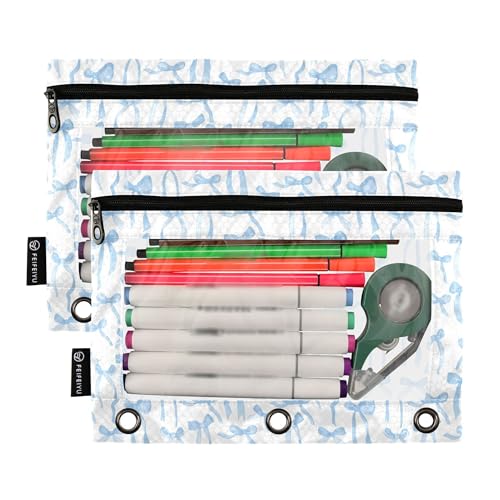 Wamika Bowknot Blue White Binder Pouches 3 Ring for Boys Girls School Office College Supplies Bow Ribbon Tie Pencil Pouches Case Bag with Clear Window and Zipper 2 pack - color: Blue bow