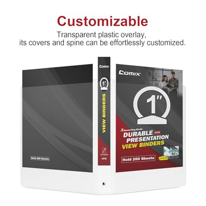 COMIX Sturdy 3 Ring Binder 1 inch with Clear View Cover, 1" Round Ring View Binder, PVC-Free, 2.4mm-Thick, 200 Sheets Capacity of US Letter Size Paper, Office ＆ School Supplies, 8 Pack (White) - color: White, size: 1 Inch, style: 8 Pack
