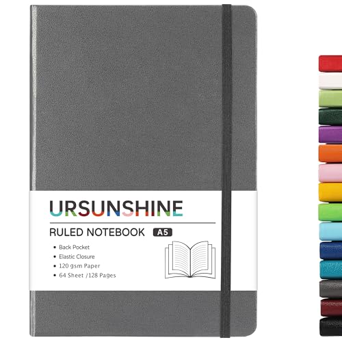 URSUNSHINE Ruled Notebook/Journal - Classic Lined Journal/Notebook, Hardcover with Thick Paper, 5.3" x 8.26", Banded + Pen Holder +Inner Pocket - Gray - color: Gray, size: Ruled