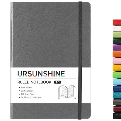 URSUNSHINE Ruled Notebook/Journal - Classic Lined Journal/Notebook, Hardcover with Thick Paper, 5.3" x 8.26", Banded + Pen Holder +Inner Pocket - Gray - color: Gray, size: Ruled