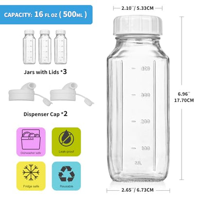 Syntic Glass Juice Bottles with Lids, 3 Pack Clear Glass Water Bottles w 2 Pour Spouts, 16 Oz Reusable Milk Jug w 100% Airtight Cap and Scale for Juicing Containers, Breast Milk Storage, Drinking Jar - style: 3 Pack
