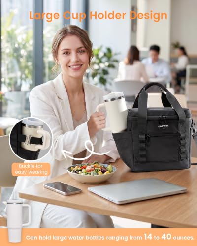 LOVEVOOK Insulated Lunch Bag for Women men, Large Leakproof Adult Lunch Box | 180° Wide Opening, Fits 40oz Cup, Heat-Sealed Leakproof, 4-Layer Thermal Insulation, Multi-Functional DIY Webbing - color: Black, size: Large-11L