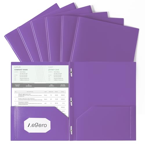 Aegero Folders with Pockets and Prong with Fasteners (6 Pack,Purple),Durable Plastic Pocket Folders with Prongs,Tear Resistant,2 Pocket 3 Prong Folders for Schoolwork & Office,Letter Size - color: Purple, size: 1 Set（6pack）
