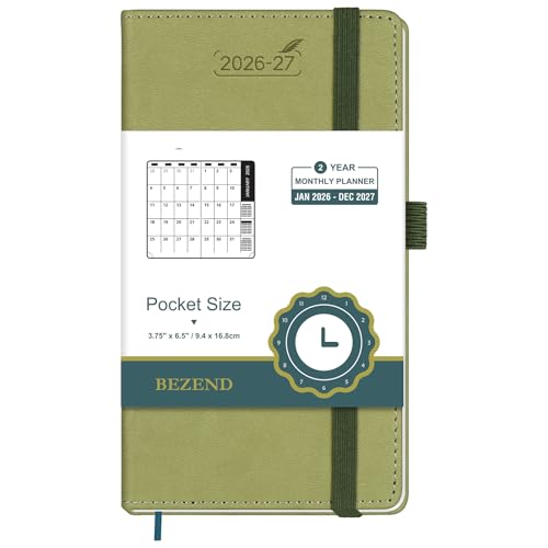 BEZEND Pocket Monthly Planner 2026-2027 (3.5" x 6.5") 2 Year Calendar Book for Purse with Note Pages, 100 GSM Paper, Inner Pocket, Pen Holder, Vegan Leather Hardcover in Kiwi - color: Kiwi, size: Pocket 3.5" x 6.5"