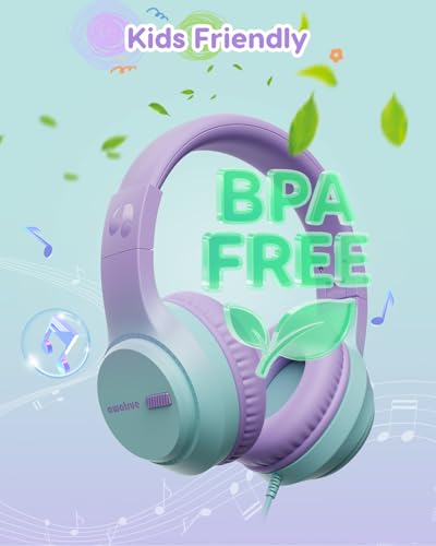 awatrue Kids Headphones, 74/85/94dB Volume Limiter, Foldable Wired Over Ear Headphones for Travel, 3.5mm Jack, Toddler Headphones for School, Chromebook, iPad, Tablet, Purple Green - color: ‌Purple-Green