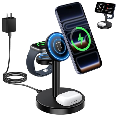 Aeinidi 2026 3 in 1 Wireless Charging Station Compatible with MagSafe Charger Stand, 15W Fast Magnetic Mag-Safe Charger for iPhone 17 16 15 14 13 12 Series Apple iWatch AirPods Pro 4 3 2, Black - color: Black