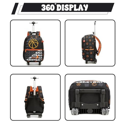 Kids Rolling Backpack for Boys 16.5" School Roller Backpack with Lunch Box, Toddler Backpacks with Wheels Rollig Wheeled Backpacks for Elementary School - color: Black Basketball