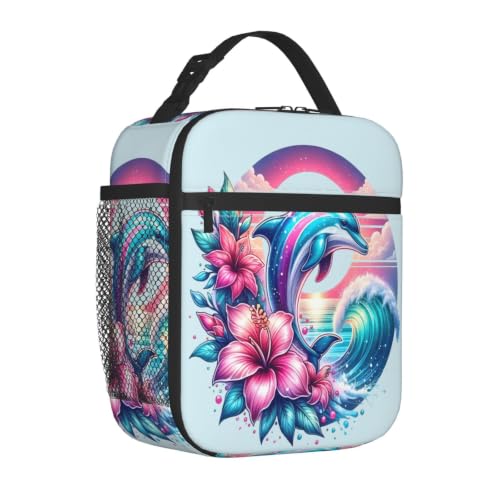 Dolphin Flowers Sunset Wave Ocean Lunch Bag 10In | Insulated Lunch Box Reusable Tote Bag For Picnic Office For Women Men - color: Style 10