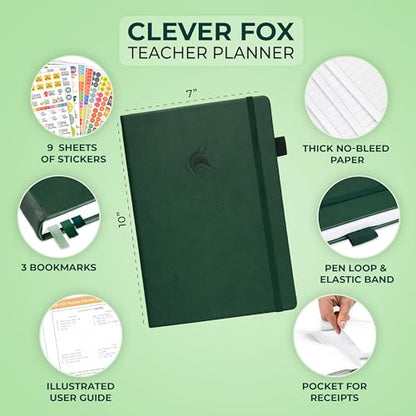 Clever Fox Teacher Planner, School & Homeschool Book, B5 Size Dark Green | Undated, 7x10, lay-flat binding, heavy-duty hardcover, teacher lesson weekly & daily planner, homeschool supplies - color: Dark Green, size: Smaller than A4 (7″ x 10″)