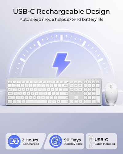 seenda Wireless Keyboard and Mouse Combo, Rechargeable Quiet Keyboard Mouse, Sleek and Ultra Thin Design, Full-Size with Number Pad for Windows, Laptop, PC, Notebook, Desktop- Silver and White - color: White and Silver