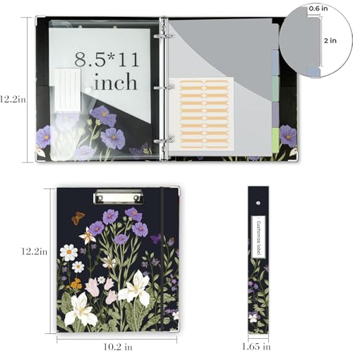3 Ring Binder 1 Inch, Three Ring Binders Organizer with Clipboard, 5-Tabs Pockets Dividers, Plastic Folder, 18 Divider Stikers, BVSSX Pretty Binder with Pen Loop (Black Weeds, Letter Size) - color: Black Weeds, size: 1in（Letter Size）
