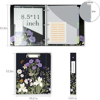 3 Ring Binder 1 Inch, Three Ring Binders Organizer with Clipboard, 5-Tabs Pockets Dividers, Plastic Folder, 18 Divider Stikers, BVSSX Pretty Binder with Pen Loop (Black Weeds, Letter Size) - color: Black Weeds, size: 1in（Letter Size）
