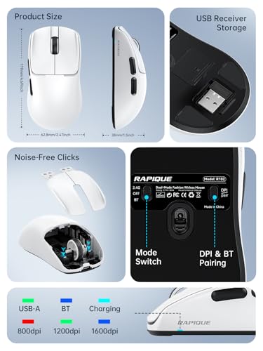 RAPIQUE Ultra-Light Wireless Mouse – 53 g Featherweight, Silent Click, Dual Mode Bluetooth 5.1 & 2.4 GHz, Side Buttons, USB‑C Recharge, 3-Speed DPI, for Desktop/Laptops/Computer/Mac/PC(White) - color: White