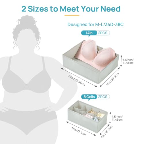 Vtopmart 4 Pack Large Bra Drawer Organizer, 14 Inch Foldable Fabric Underwear Storage Tray for Dresser Drawers, Keeps Shape for M-L/34D-38C Bras, Closet Organizer - size: 14"x11"