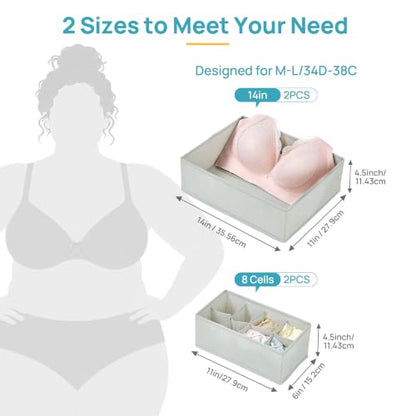 Vtopmart 4 Pack Large Bra Drawer Organizer, 14 Inch Foldable Fabric Underwear Storage Tray for Dresser Drawers, Keeps Shape for M-L/34D-38C Bras, Closet Organizer - size: 14"x11"