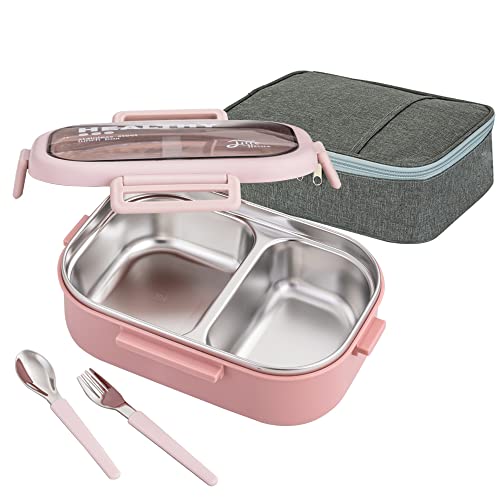 Lille Home 28oz Stainless Steel Leakproof 2-Compartment Bento Lunch Box/Portion Control Food Container with Lunch Bag and Cutlery Set, BPA Free (pink) - color: Pink