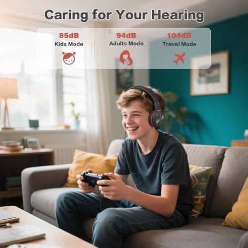 SIMOLIO Wired Headphones for Kids with Mic, USB C & 3.5mm, Safe Volume, Share Port & Pouch, Kids Headphones w/Passive Noise Cancelling, Foldable Headsets for School Airplane Travel iPad (Black) - color: Jet Black