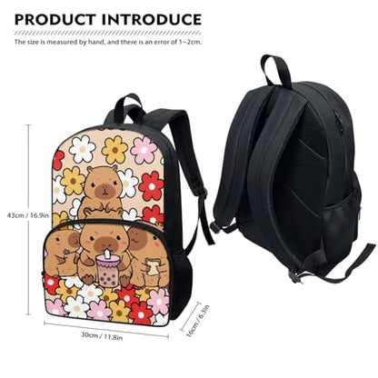 Horeset Capybaras Hippie Daisy Backpack Set for Girls Kids 17inch Bookbags with Water Bottle Cover Picnic Insulated Lunch Tote Bag Set of 3 Large Capacity Elementary Middle School Bags Rucksack - color: Capybaras Hippie Daisy