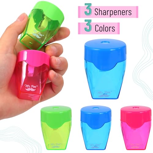 Mr. Pen- Manual Pencil Sharpeners, 3 Pack, Colorful | Portable Handheld Pencil Sharpeners with Snap-On Lid for Kids, School, Office, Home, Adults, Students, Class