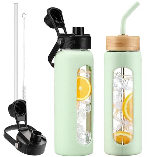 24 oz Glass Water Bottle with Straw – 2 Lids (Bamboo & Spout), Motivational Borosilicate Glass Daily Water Intake Bottle with Time Marker, Silicone Sleeve for Gym Home Office-Light Green - color: Light Green, size: 24 Ounces