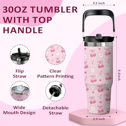 Pink Cherry Tumbler 30oz with Handle - Stainless Steel Insulated Cup, Leakproof Water Bottle with Cherry Design for Women & Girls, Perfect Birthday Christmas Gift - color: Pink cherry, size: 30 Ounces