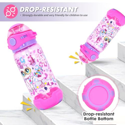 Kids Water Bottle with Straw/Lanyard for School Kids Girls Boys, 22oz BPA Free Child Drinking Water Bottle One-Click-Open Leak-Proof Locking Flip Lid for School Sport Travel - color: Cat