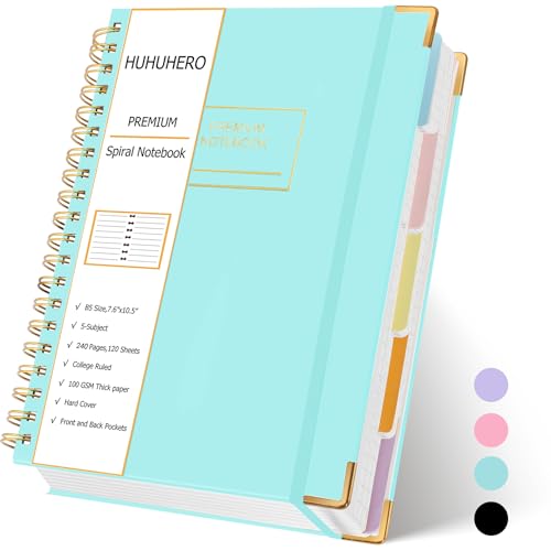 Huhuhero Lined Spiral Notebook Journal, 5 Subject Notebook with Dividers, 7.6" x 10.5", 240 Pages Hardcover Journals for Women Men Writing Work Note Taking, Office School Supplies (Green) - color: Mint Green