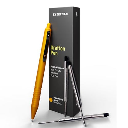 Everyman Amber Super Matte Grafton Pen & Refill Set | Refillable Metal 0.7mm Gel Pen with 3 Smooth Black Ink Refills | Premium EDC Writing Tool for Office, Work, Travel & Gifting - color: Amber, style: Pen with Refills Bundle