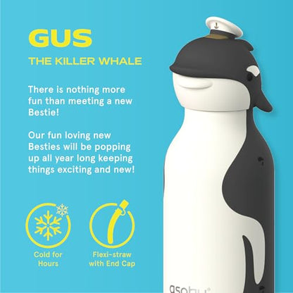 asobu Bestie Bottle Limited Edition Collectible Kids Water Bottle with Animal Character Lid 16oz (460ml) Insulated Stainless Steel, Leakproof, Reusable with Straw Fun Gift for Girls & Boys - color: GUS THE KILLER WHALE