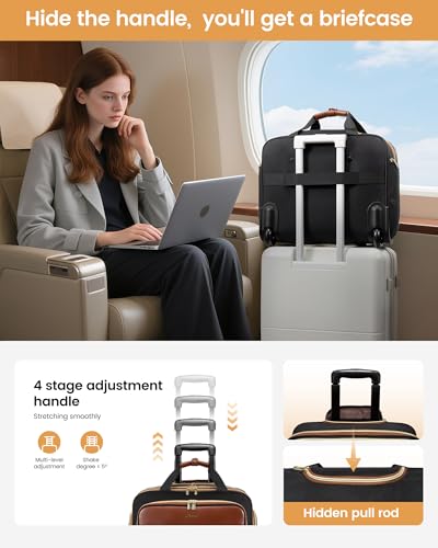LOVEVOOK Rolling Laptop Bag Women, 17.3 Inch Laptop Briefcase with Wheels, Soft Sided Underseat Carry On Luggage Personal Item Suitcase for Work Travel Business, Black Brown - color: Black-Brown