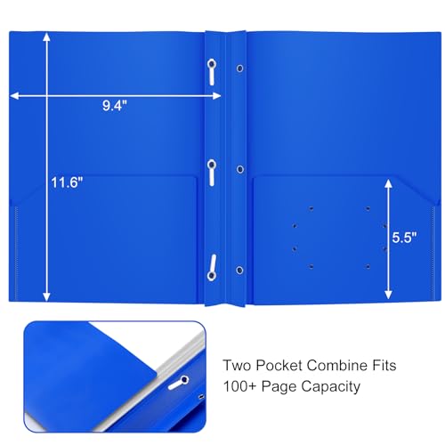 ViVin 12 Pack Plastic Folders with Pockets and Prongs, Heavy Duty 2 Pocket Folders with 3-Prong Fasteners, Poly File Holds 8-1/2" x 11" Paper for School Office Home (Blue) - color: Blue, size: 12 PACK