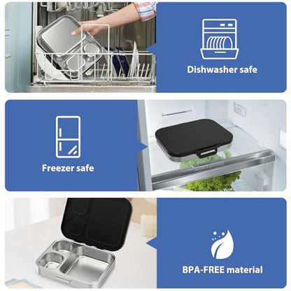 Pawtong Stainless Steel Bento Lunch Box for Kids | 3-Compartment Lunch Box Container Kids | 100% Leakproof, Eco-Friendly, Perfect Portion Control for Kids&Adult Healthy Meals (Black) - color: Black