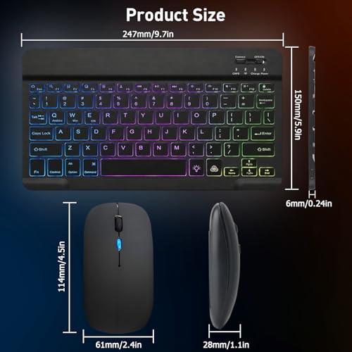 Backlit Bluetooth Keyboard and Mouse for iPad, Rechargeable Slim Portable Wireless Keyboard and Mouse for iPad Tablets, Compatible for All iOS/Windows/Android System Devices-Black