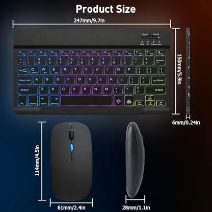 Backlit Bluetooth Keyboard and Mouse for iPad, Rechargeable Slim Portable Wireless Keyboard and Mouse for iPad Tablets, Compatible for All iOS/Windows/Android System Devices-Black