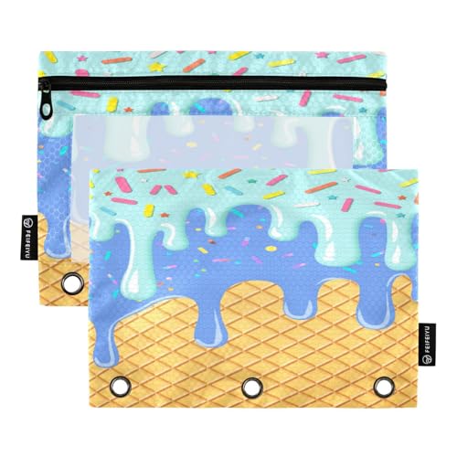 Gredecor Binder Pencil Pouch 3 Ring Cornflower Blue Pale Turquoise Ice Cream Drip Zipper Pencil Pouches Case 2 Pack Clear Binder Organizer for Kids School Office - color: Cornflower Blue Pale Turquoise Ice Cream