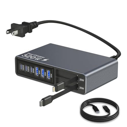 X-Star 320W 8-Port Retractable USB C Charger Block Charging Station,Upgraded GaN3.0 PD 100W Desktop Laptop Chargers,Fast Multiple USB Charging Hub for MacBook Pro/Air,iPad,Galaxy, iPhone17/16/15 etc