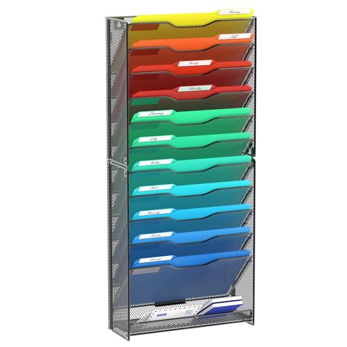 samstar 12 Tier Wall File Organizer, Hanging Wall Mount File Holder Paper Folder Mail Organizer, Mesh Metal, Black. - color: Black 12 Tier 1 Pack