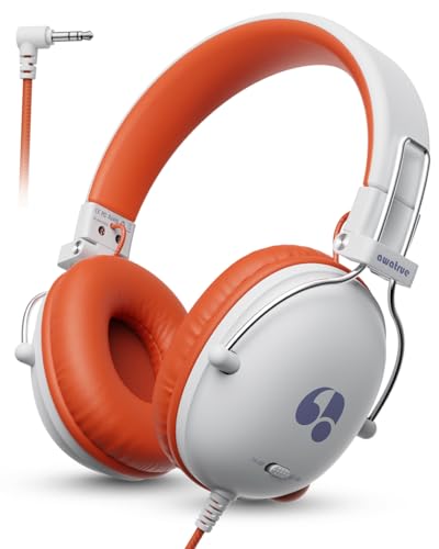 awatrue Kids Headphones, 74/85dB Safe Volume Limit, Stereo Sound, Wired On-Ear Headphones for Kids Boys Girls, 3.5mm Jack for Tablet, iPad, Kindle, YOTO Player, Airplane Travel, White - color: White-Orange