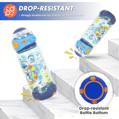 Kids Water Bottle with Straw/Lanyard for School Kids Girls Boys, 22oz BPA Free Child Drinking Water Bottle One-Click-Open Leak-Proof Locking Flip Lid for School Sport Travel - color: H15. Space