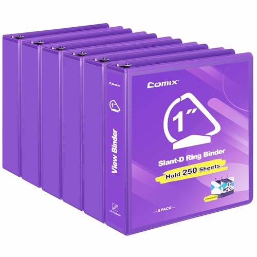 COMIX Sturdy 1 Inch Binders 3 Ring with Clear View Cover, 1" Slant-D Ring View Binder Holds 225 Sheets of US Letter Size Paper, 6 Pack (Purple) - color: Purple, size: 1 inch